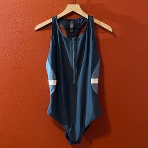 Sweaty Betty Women’s Wave Zip Front Blue & White Colorblock One Piece Swimsuit